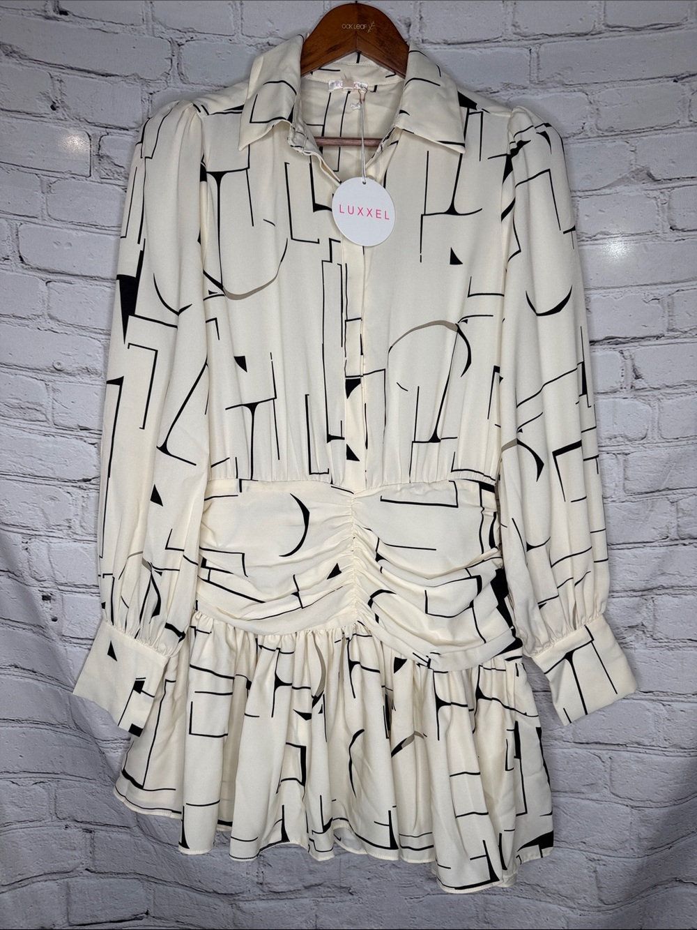 Luxxel Times Ivory Black Geometric Print Shirt Dress with Size Medium Brand New